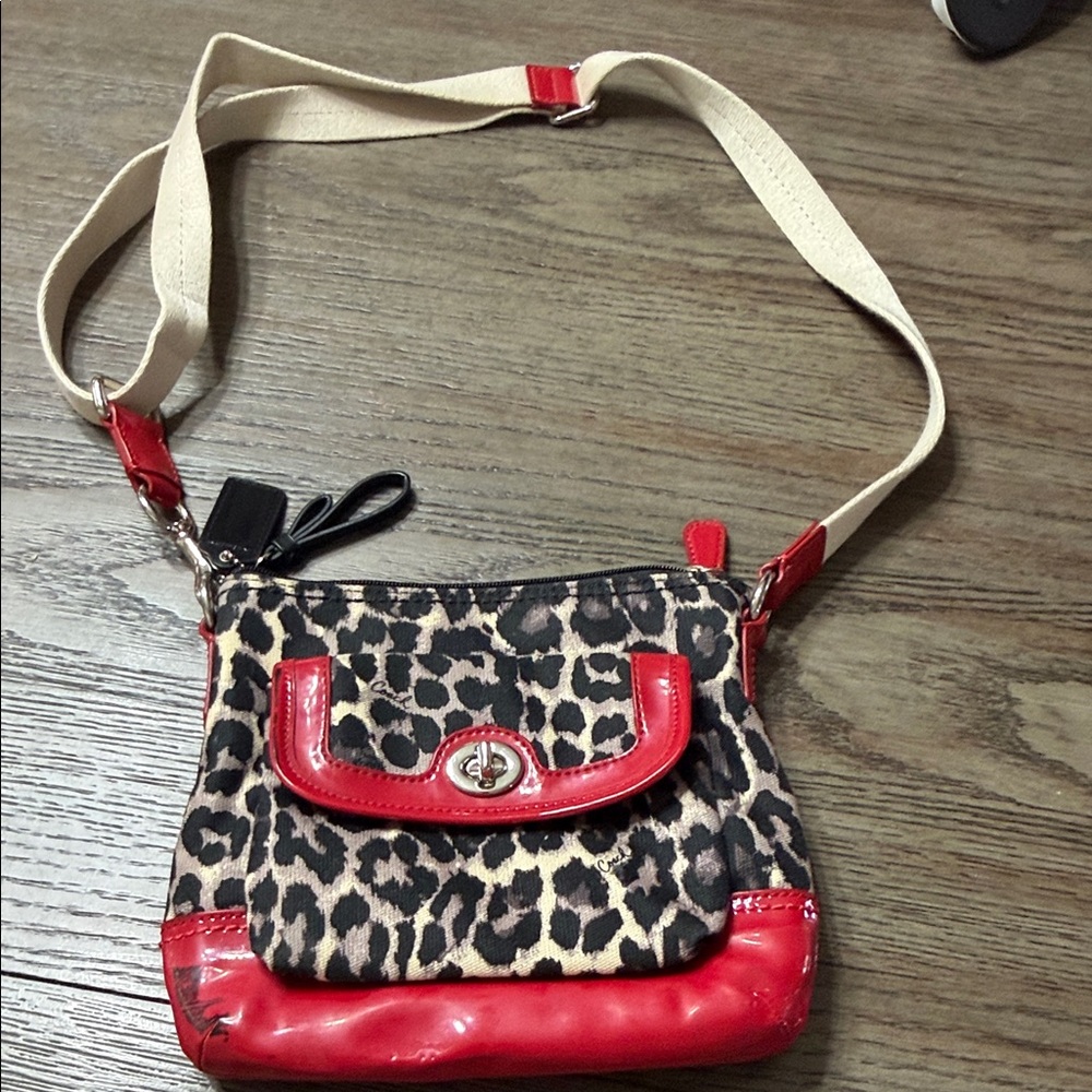 COACH Leopard Print Crossbody Bag with Red Accents With Adjustable Strap